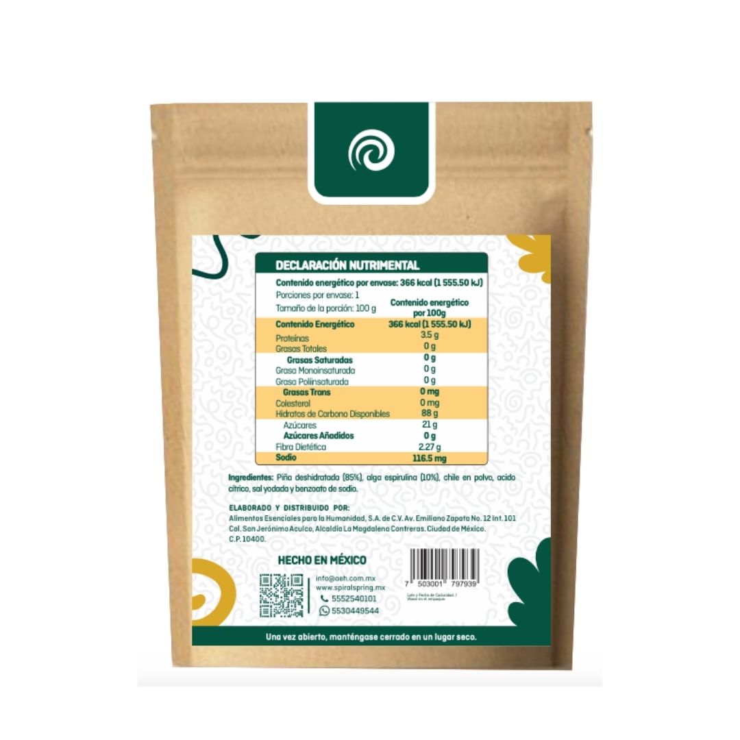 Piña Deshidratada, Enchilada con Espirulina – 100g