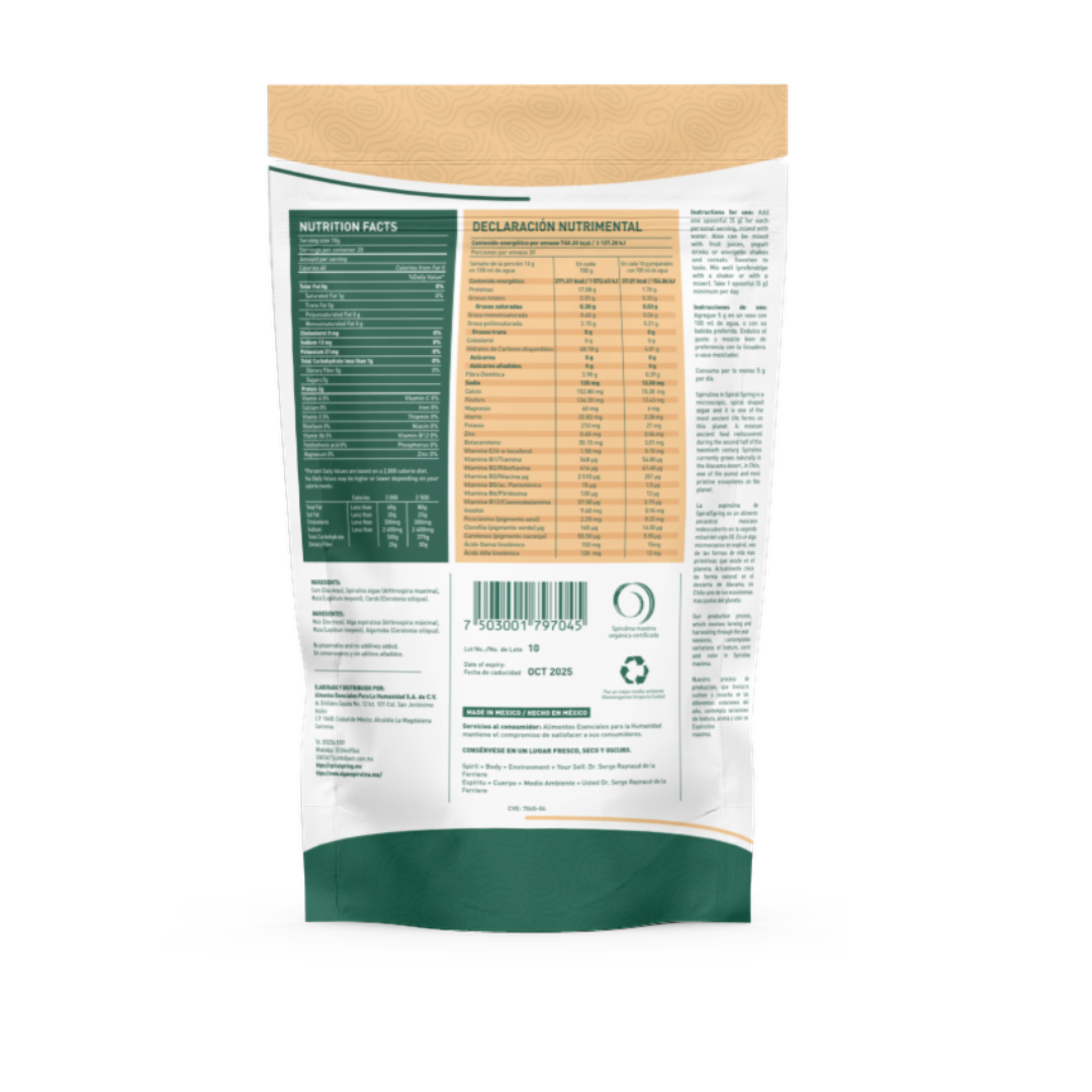 Spirulina + Maca and Carob powder.
